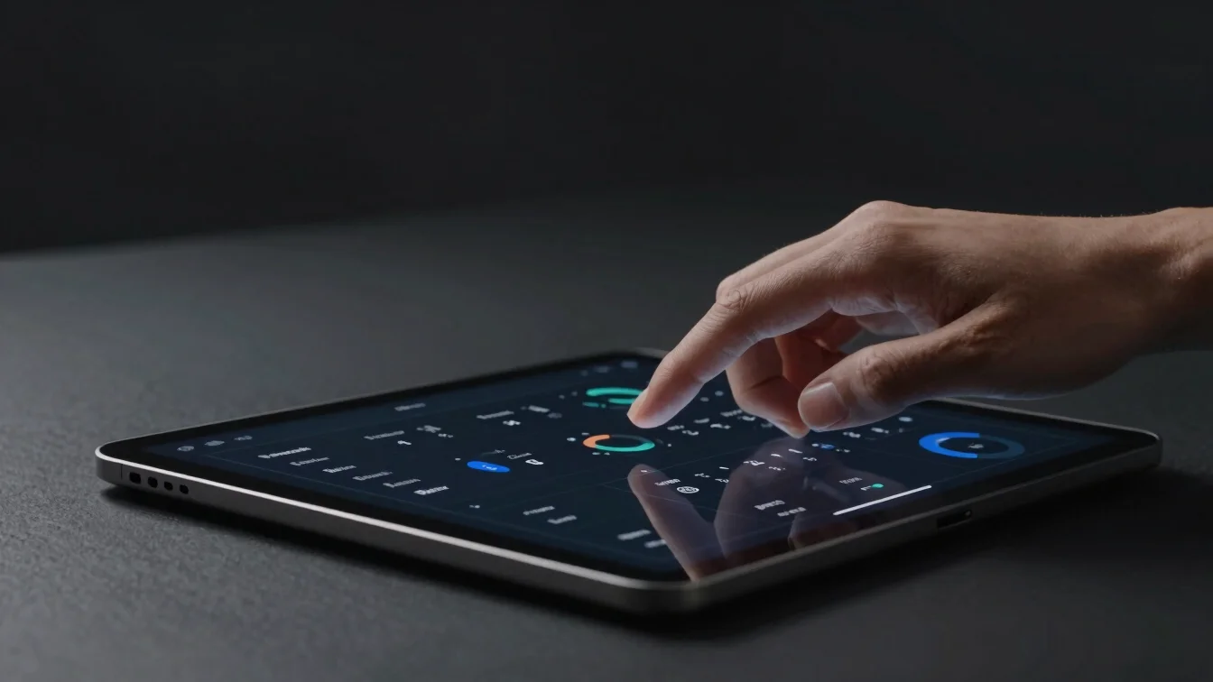 Subtle close-up of a hand interacting with a sleek, minimalist digital interface on a tablet, showing sales analytics, i