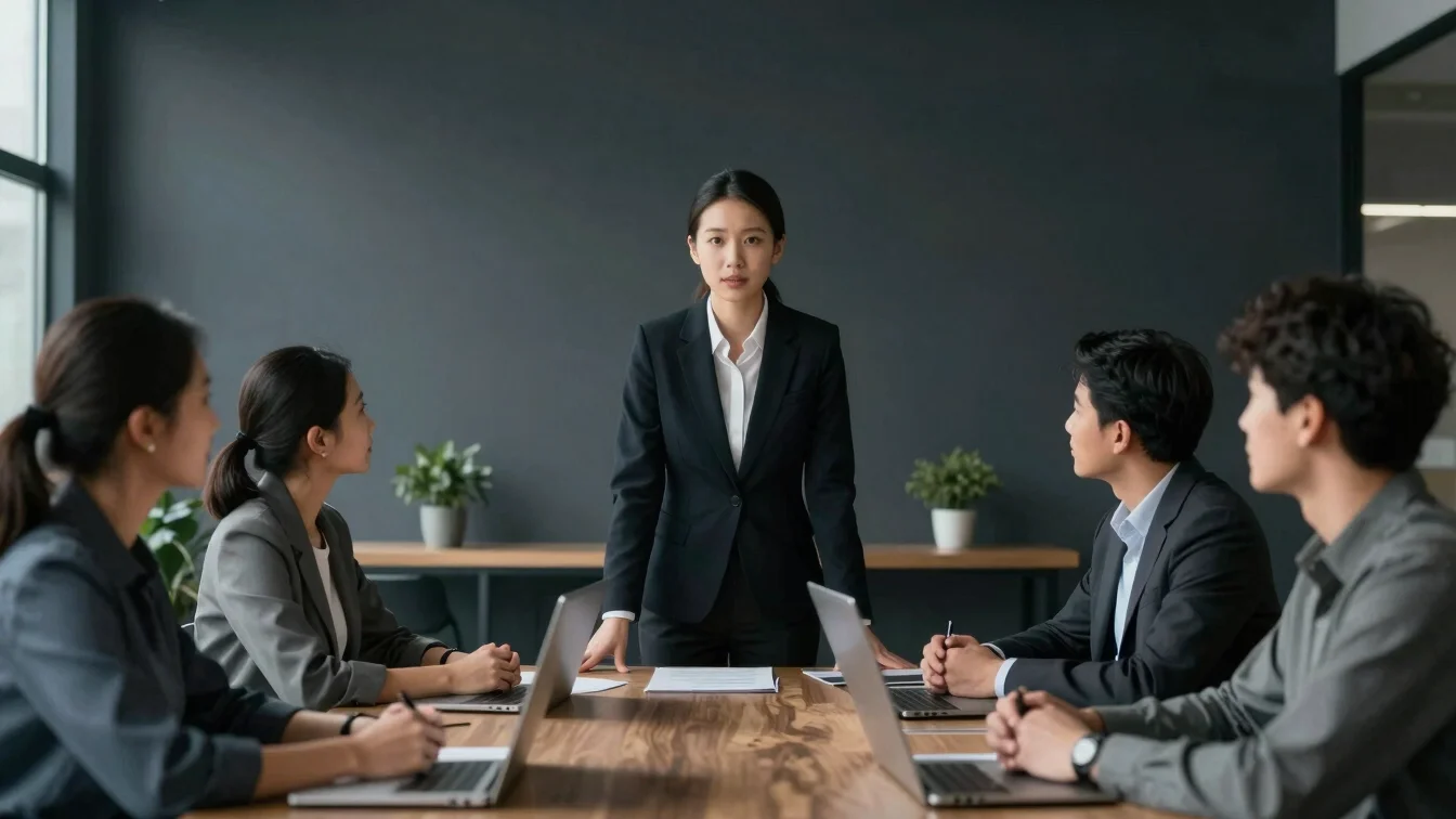 Sharp editorial portrait of a focused professional leading a small team meeting in a clean, modern workspace, subtle sid